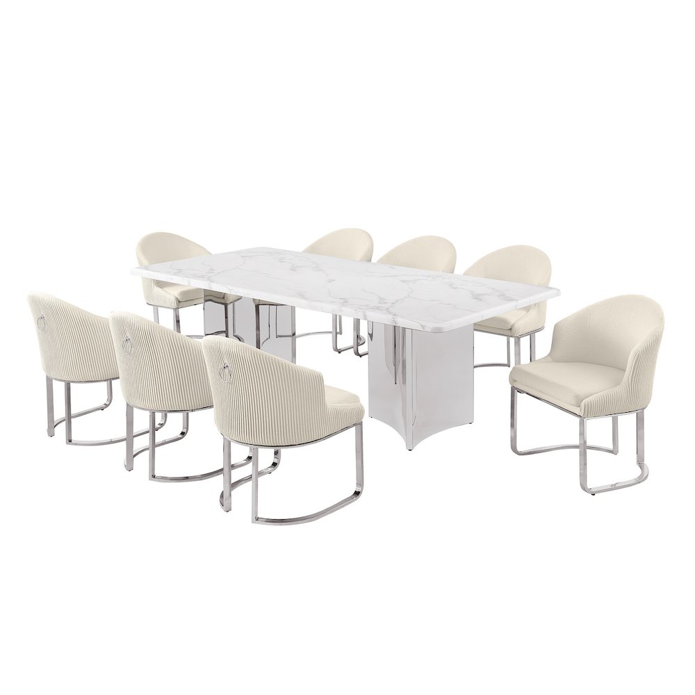 9pc Rectangular Dining Table Set with White Marble Top and Cream Chairs