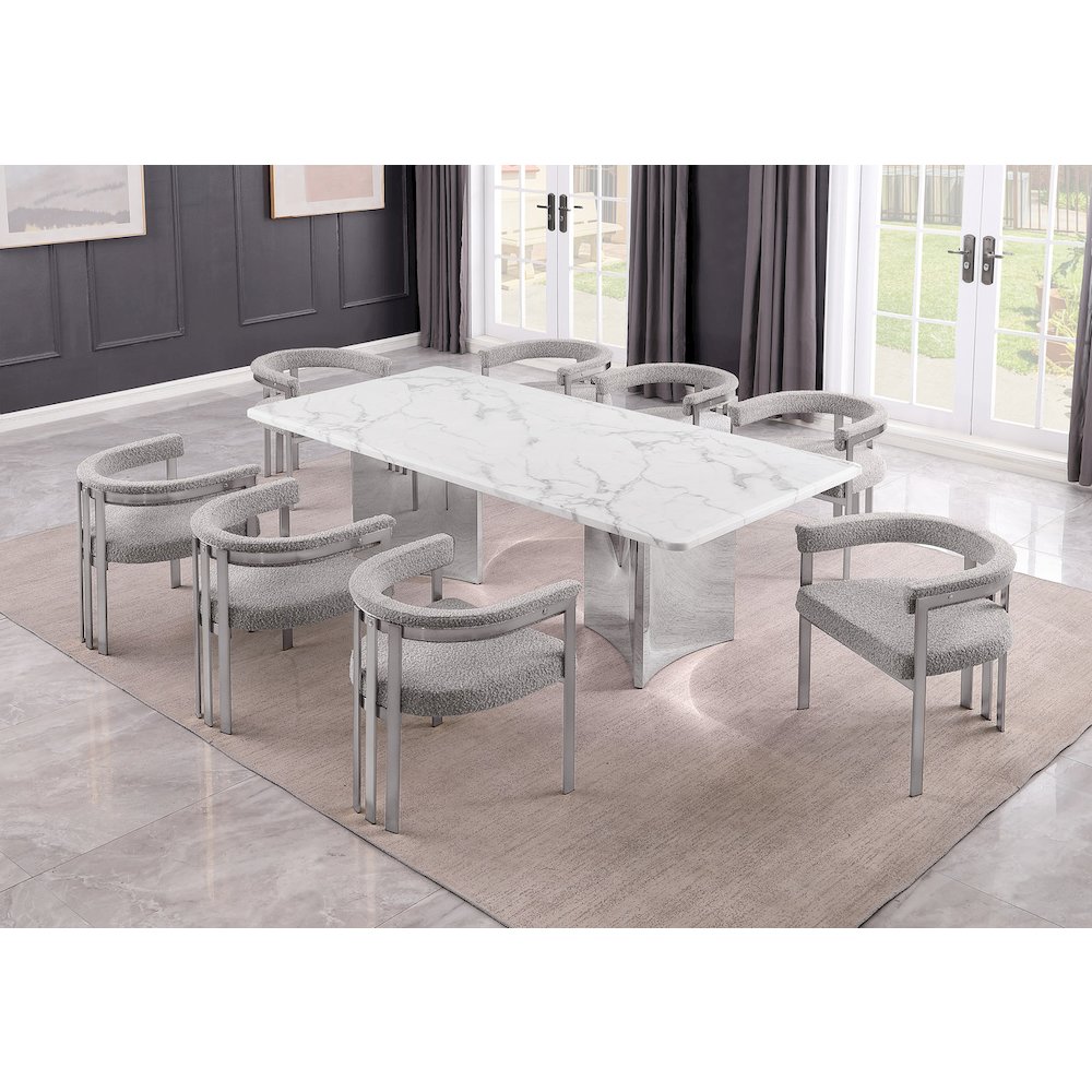9pc Rectangular White Marble Top with 8 Rich Gray Boucle Fabric Chairs