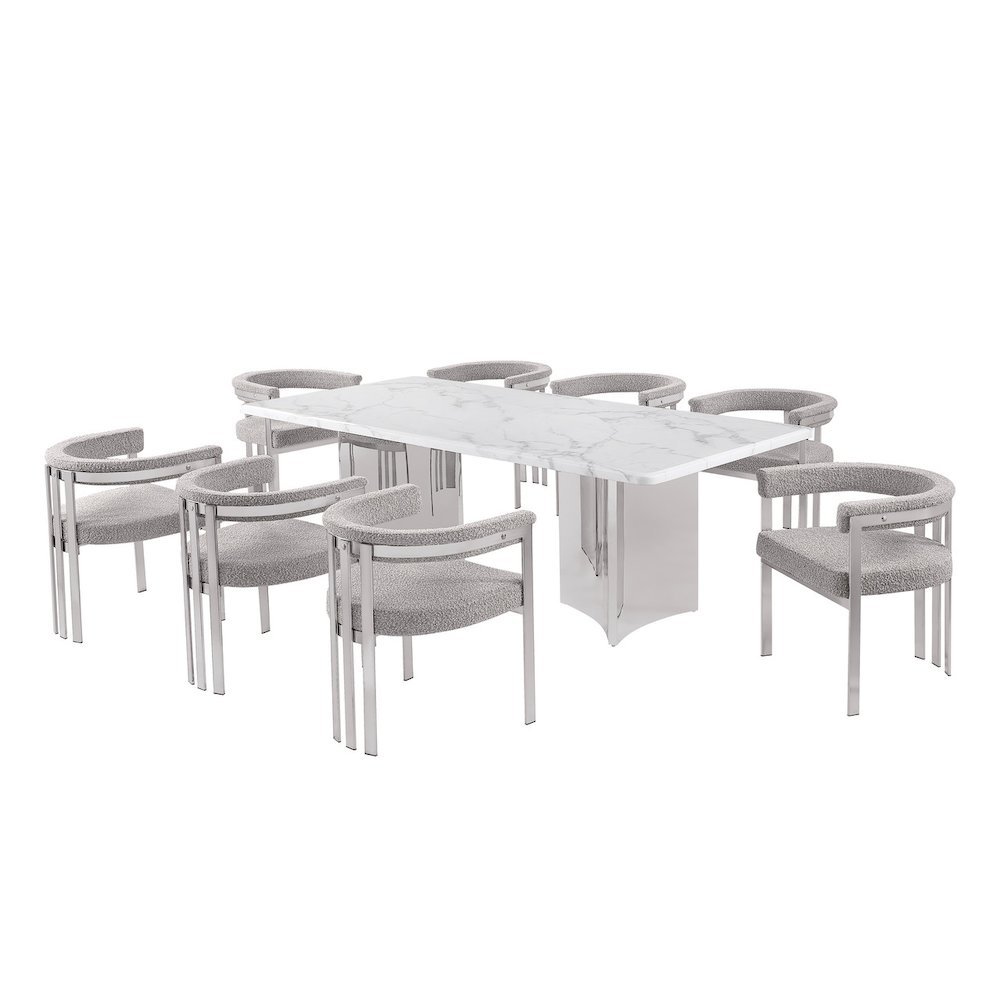 9pc Rectangular White Marble Top with 8 Rich Gray Boucle Fabric Chairs