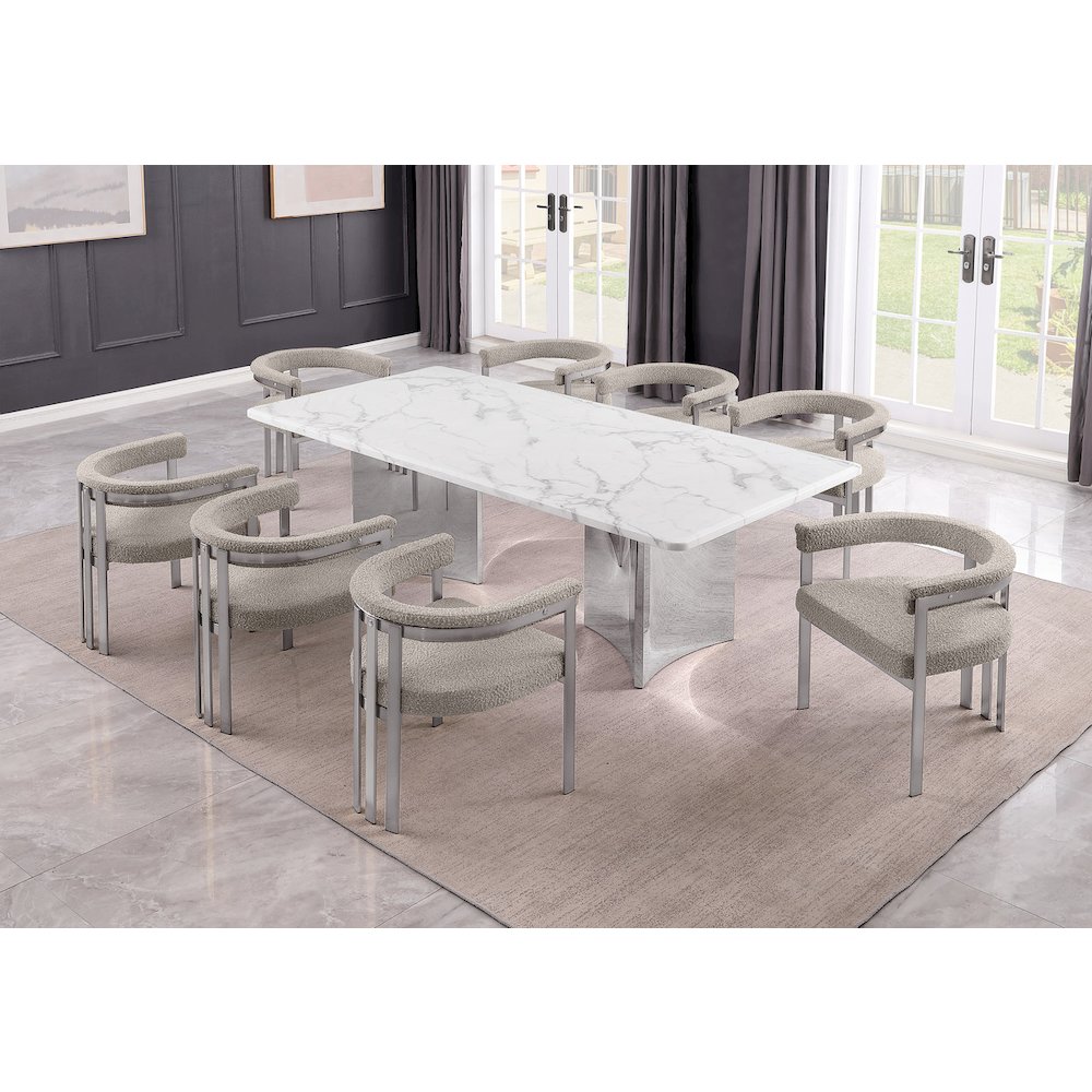 9pc Rectangular White Marble Top with 8 Gray Boucle Fabric Chairs