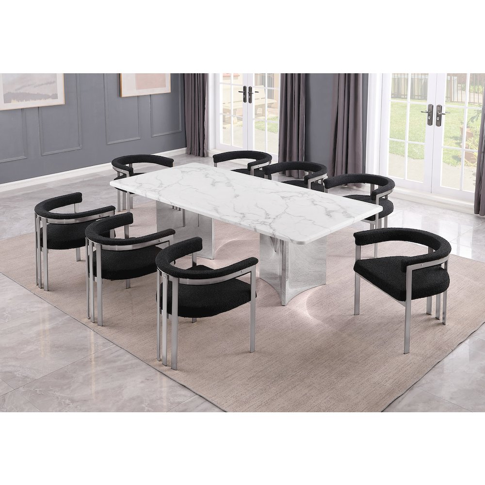 9pc Rectangular White Marble Top with 8 Black Boucle Fabric Chairs