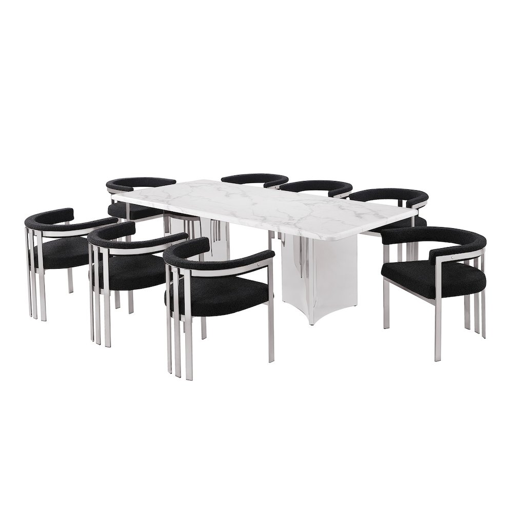 9pc Rectangular White Marble Top with 8 Black Boucle Fabric Chairs