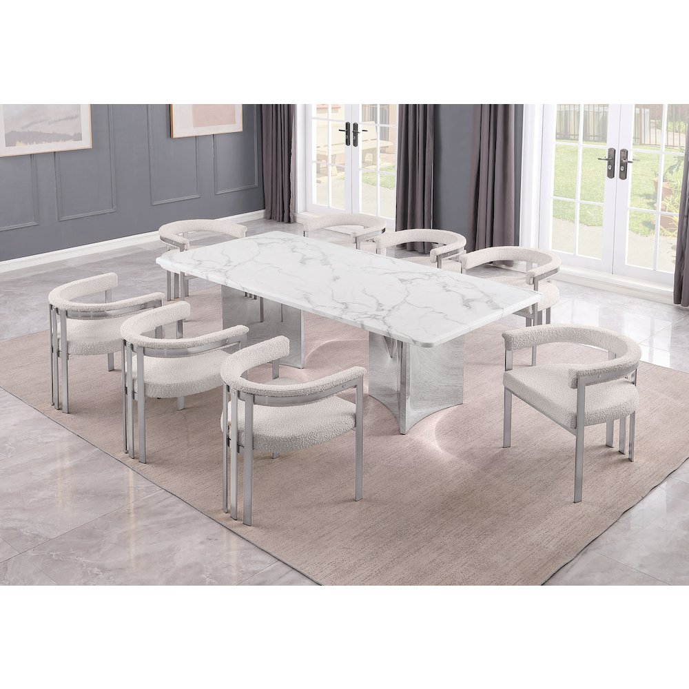 9pc Rectangular White Marble Top with 8 Cream Boucle Fabric Chairs