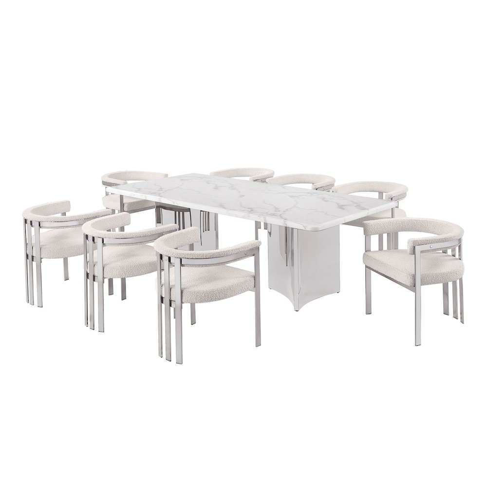 9pc Rectangular White Marble Top with 8 Cream Boucle Fabric Chairs