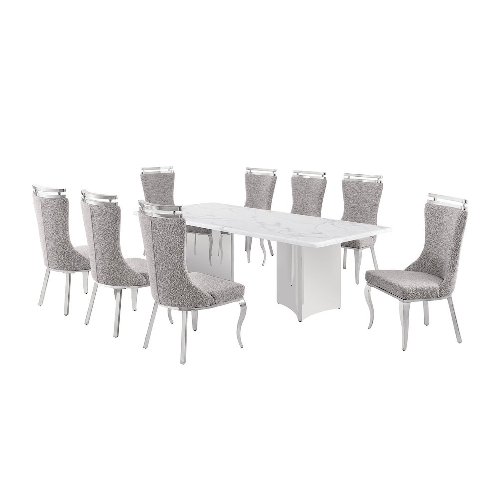 9pc Rectangular Dining Table Set with White Marble Top and Rich Gray Chairs