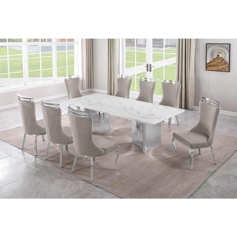 9pc Rectangular Dining Table Set with White Marble Top and Gray Chairs
