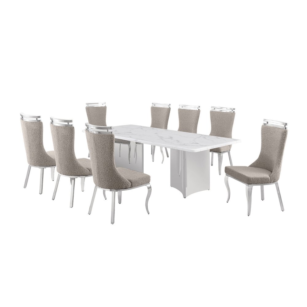 9pc Rectangular Dining Table Set with White Marble Top and Gray Chairs