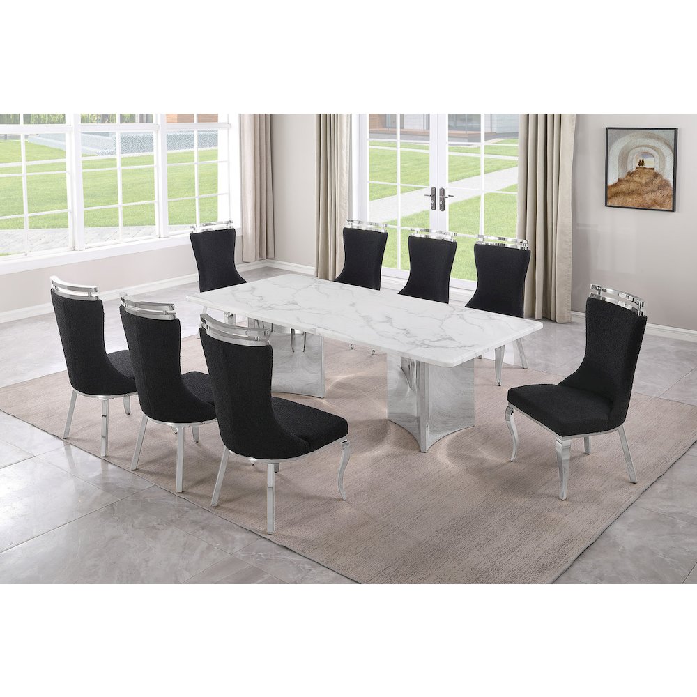 9pc Rectangular Dining Table Set with White Marble Top and Black Chairs