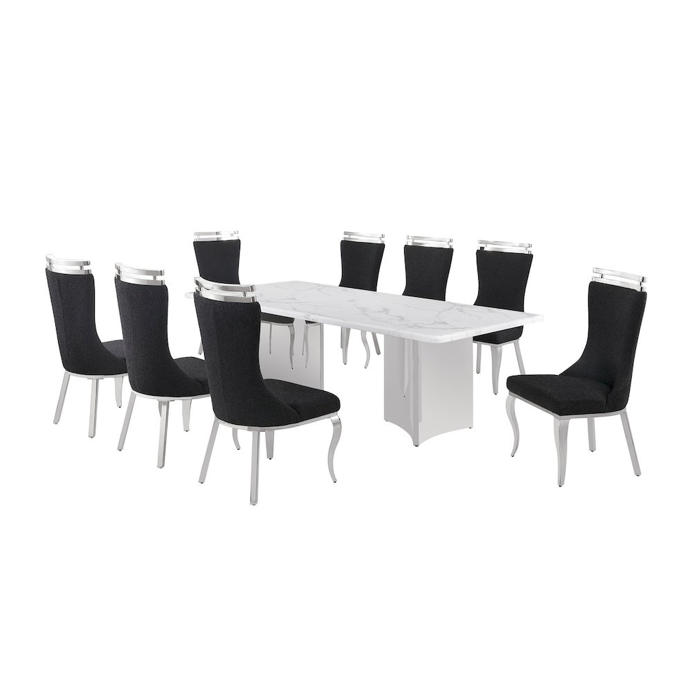 9pc Rectangular Dining Table Set with White Marble Top and Black Chairs
