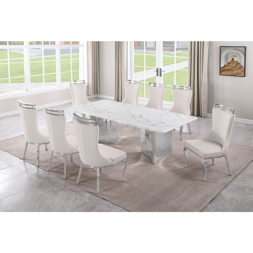 9pc Rectangular Dining Table Set with White Marble Top and Cream Chairs