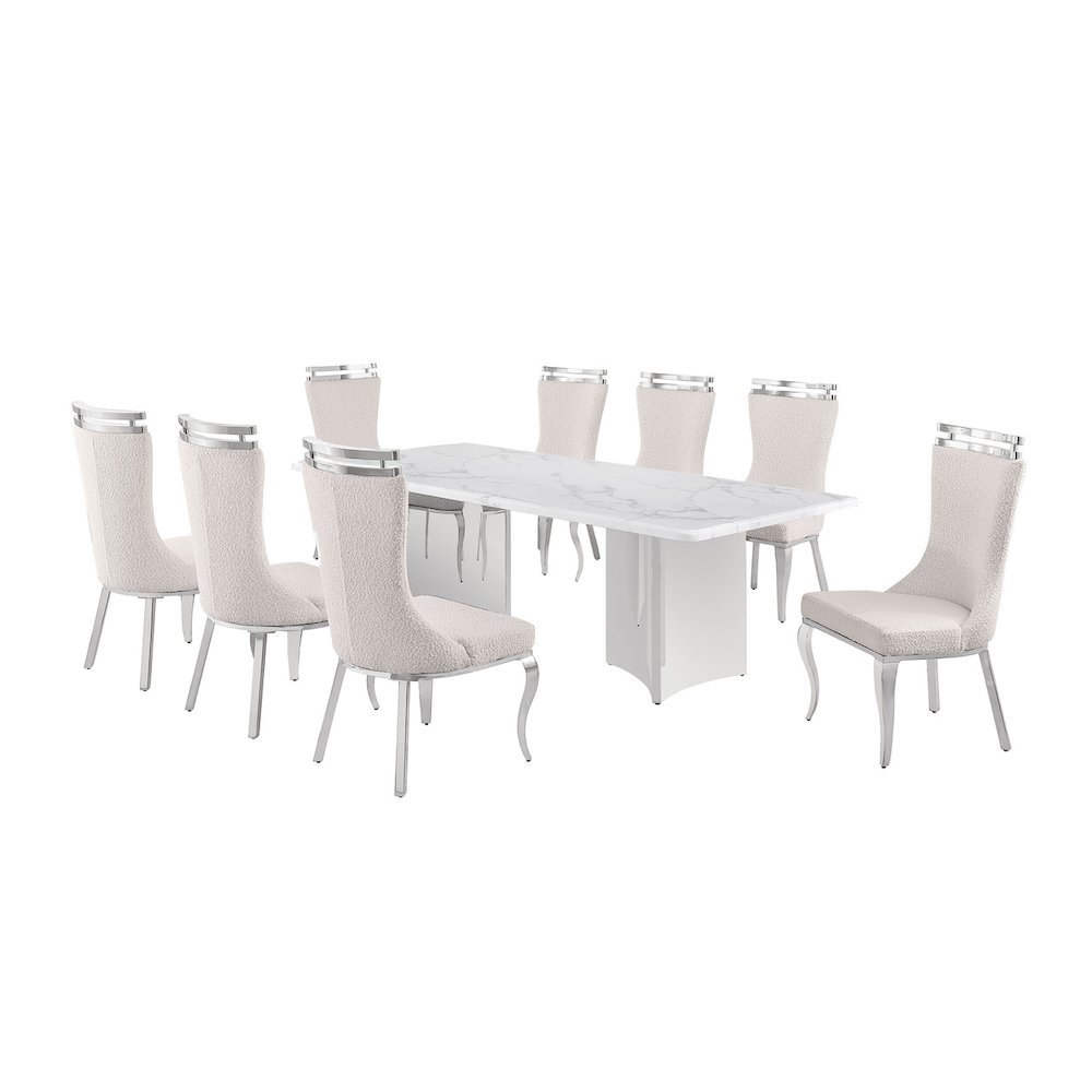 9pc Rectangular Dining Table Set with White Marble Top and Cream Chairs
