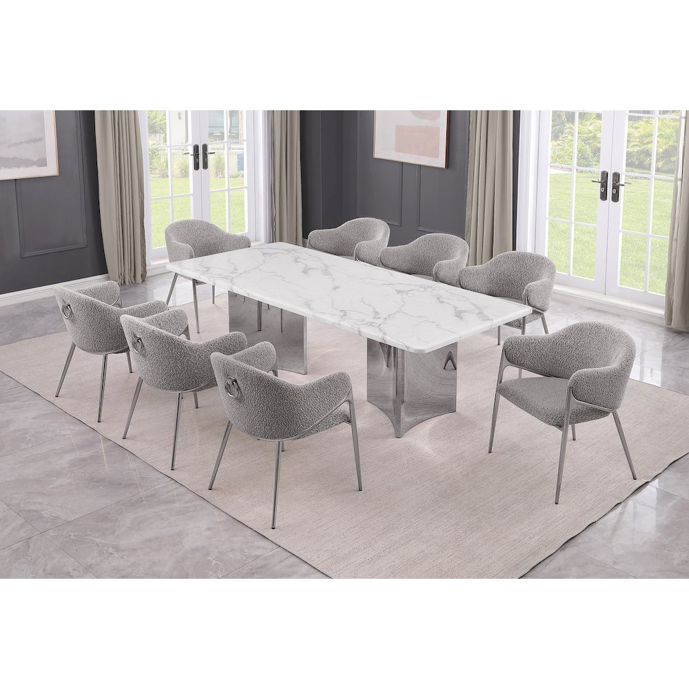 9pc Rectangular White Marble Top with 8 Rich Gray Boucle Fabric Chairs