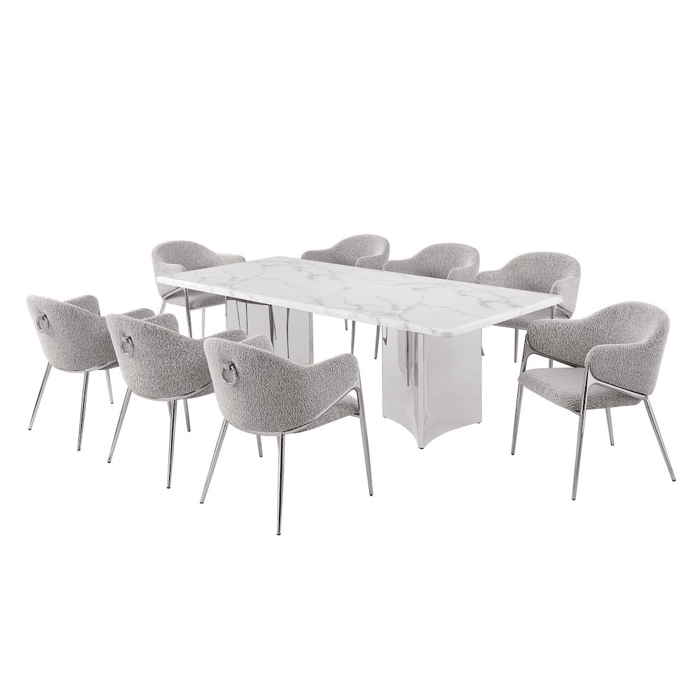 9pc Rectangular White Marble Top with 8 Rich Gray Boucle Fabric Chairs