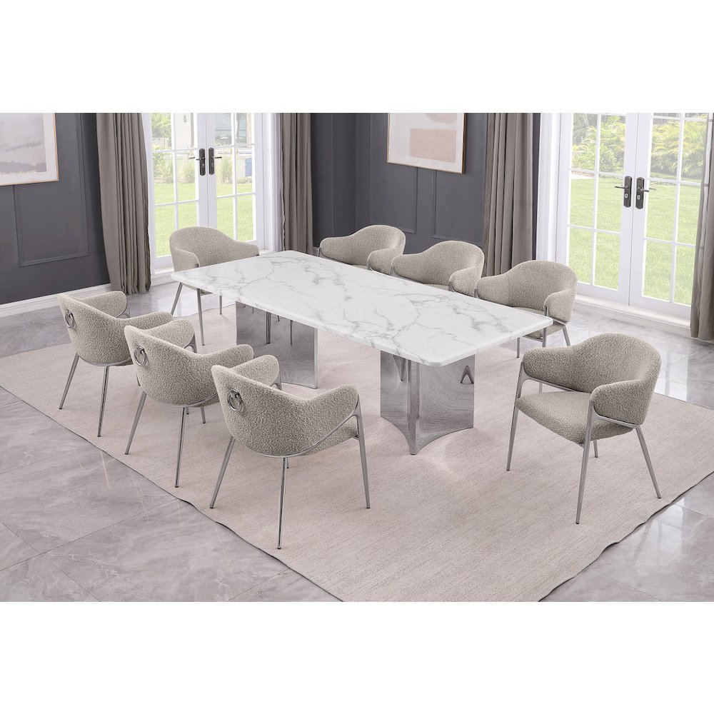 9pc Rectangular White Marble Top with 8 Gray Boucle Fabric Chairs