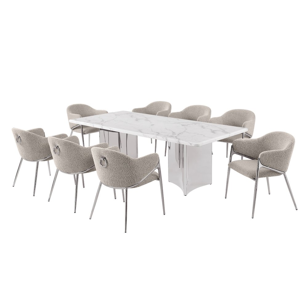 9pc Rectangular White Marble Top with 8 Gray Boucle Fabric Chairs