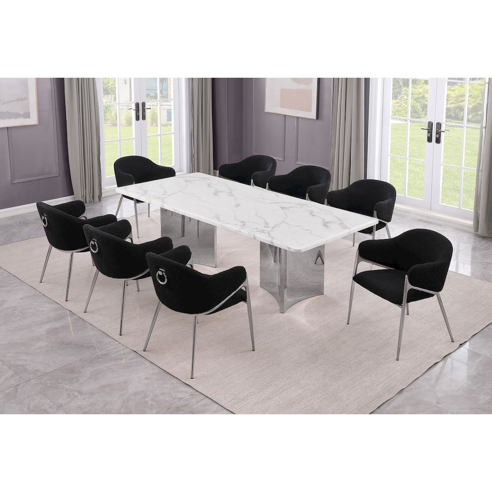 9pc Rectangular White Marble Top with 8 Black Boucle Fabric Chairs