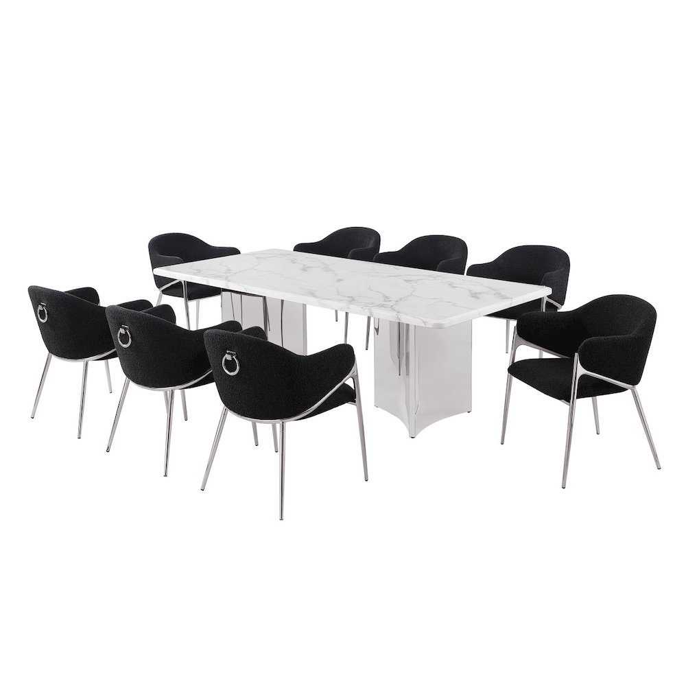 9pc Rectangular White Marble Top with 8 Black Boucle Fabric Chairs