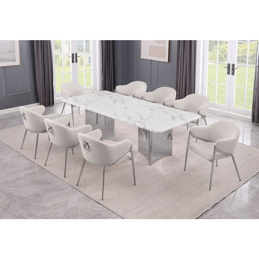 9pc Rectangular White Marble Top with 8 Cream Boucle Fabric Chairs
