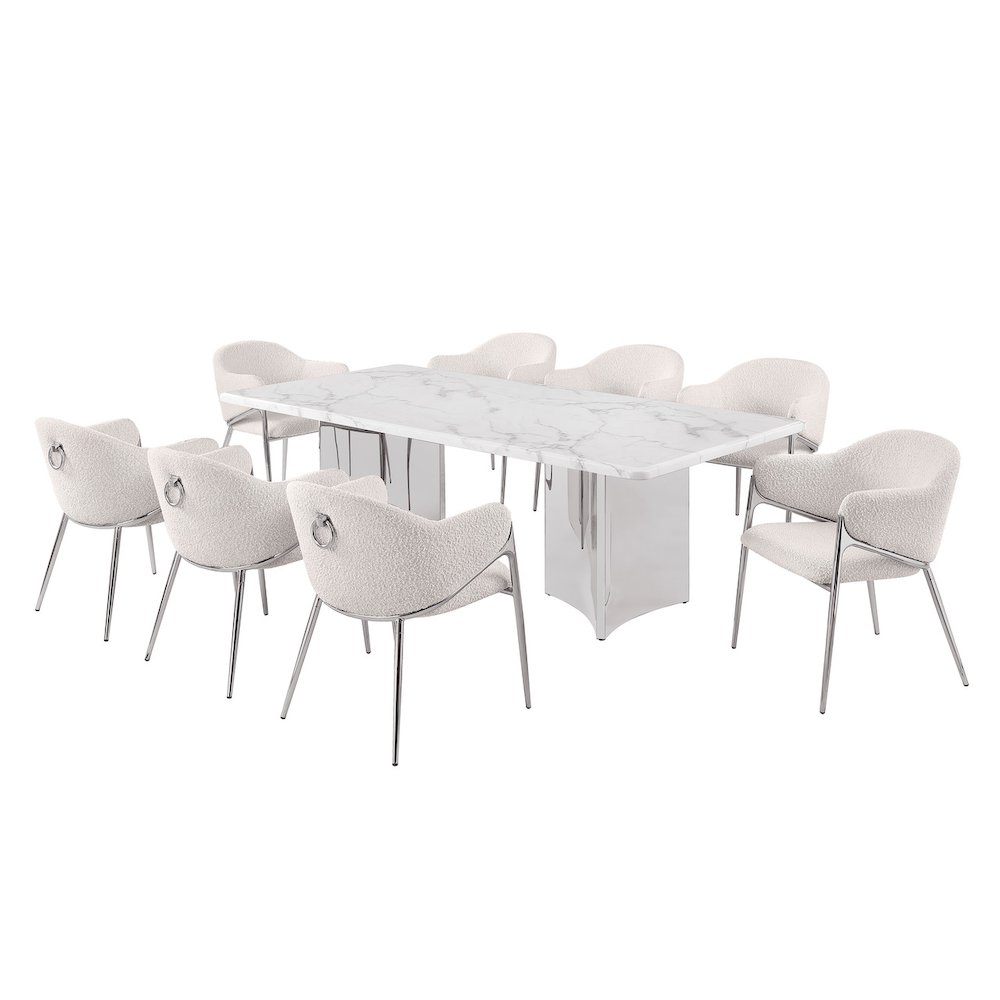 9pc Rectangular White Marble Top with 8 Cream Boucle Fabric Chairs