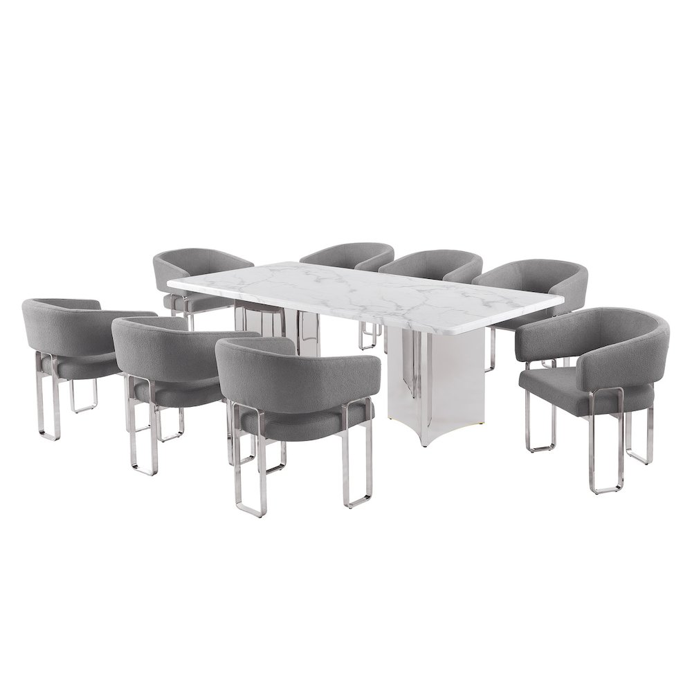 9pc Rectangular Dining Table Set with White Marble Top and Dark Gray Chairs