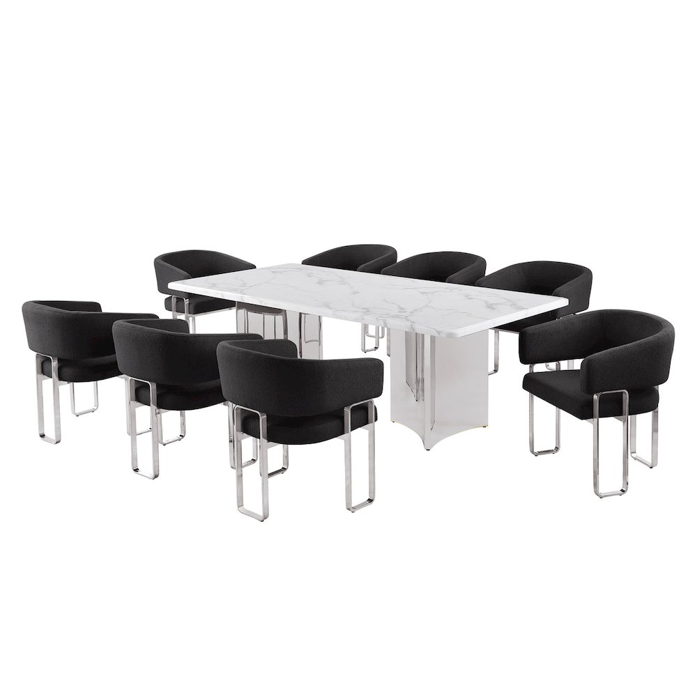 9pc Rectangular Dining Table Set with White Marble Top and Black Chairs