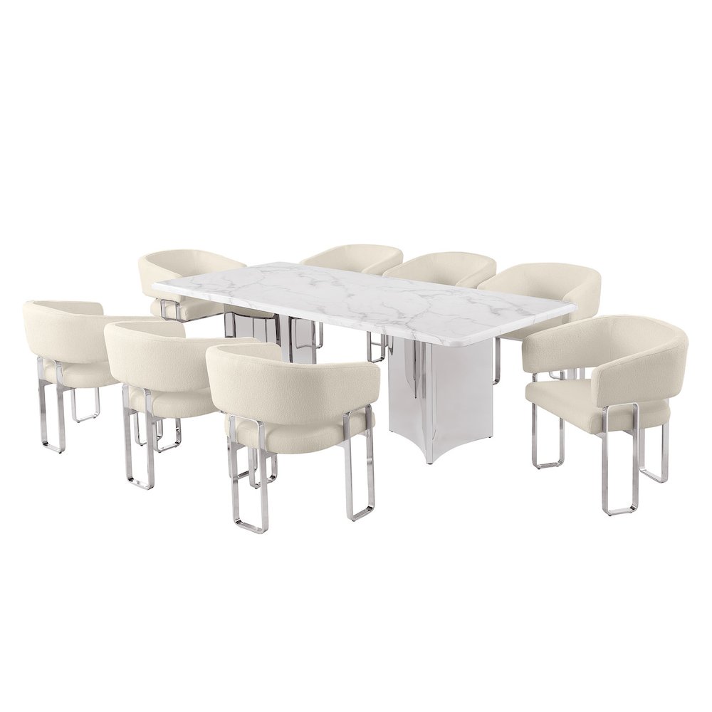 9pc Rectangular Dining Table Set with White Marble Top and Cream Chairs