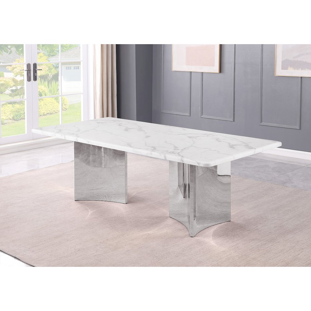 87″ White Marble Table Top 38mm with Silver Stainless Steel Base