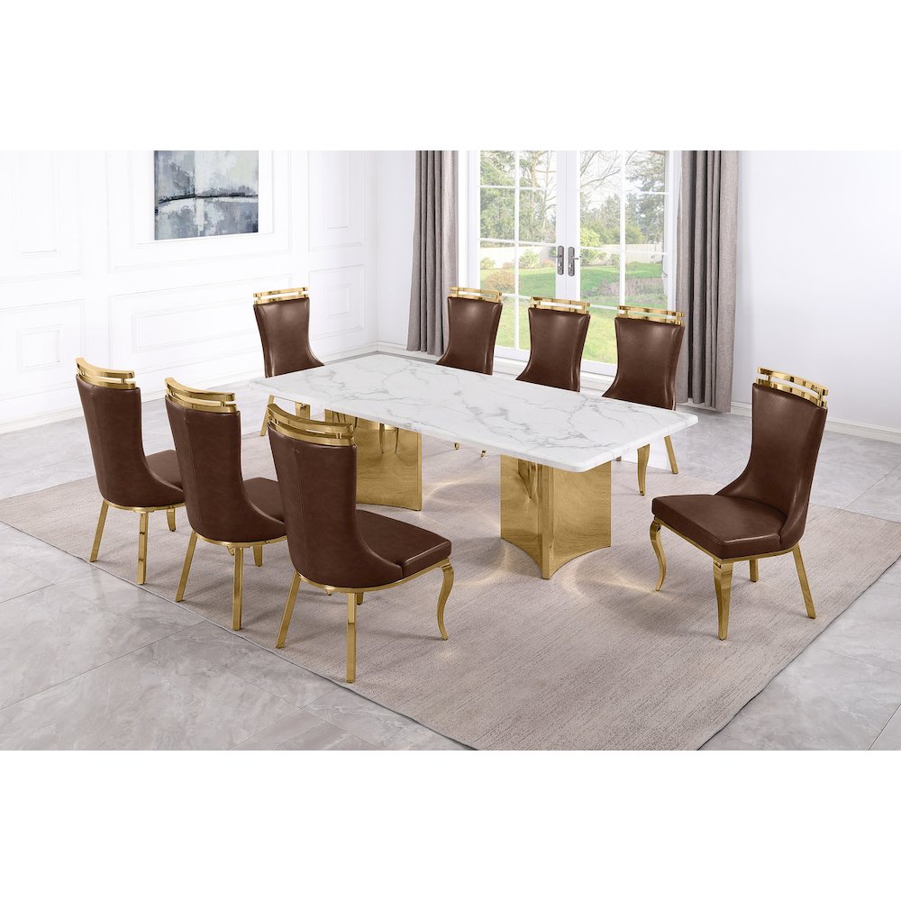 9pc Rectangular White Marble Top with 8 Mocha Boucle Fabric Chairs Gold Base