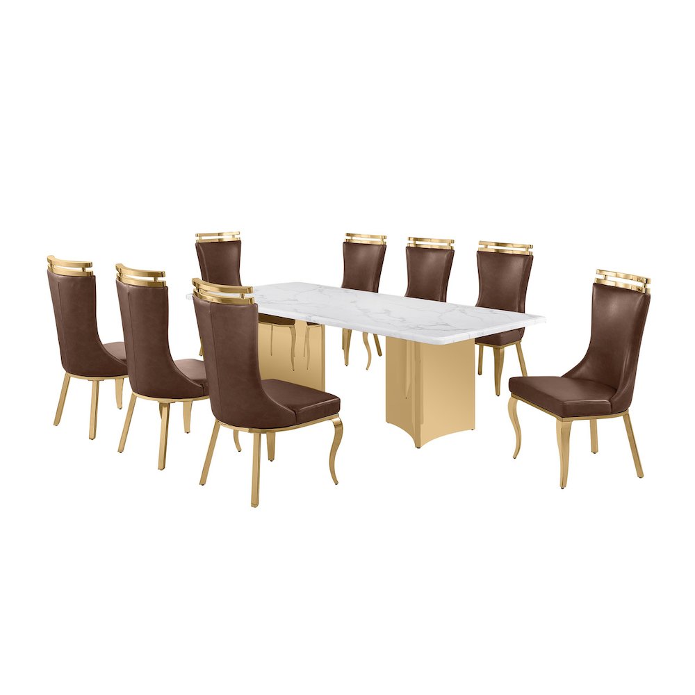 9pc Rectangular White Marble Top with 8 Mocha Boucle Fabric Chairs Gold Base