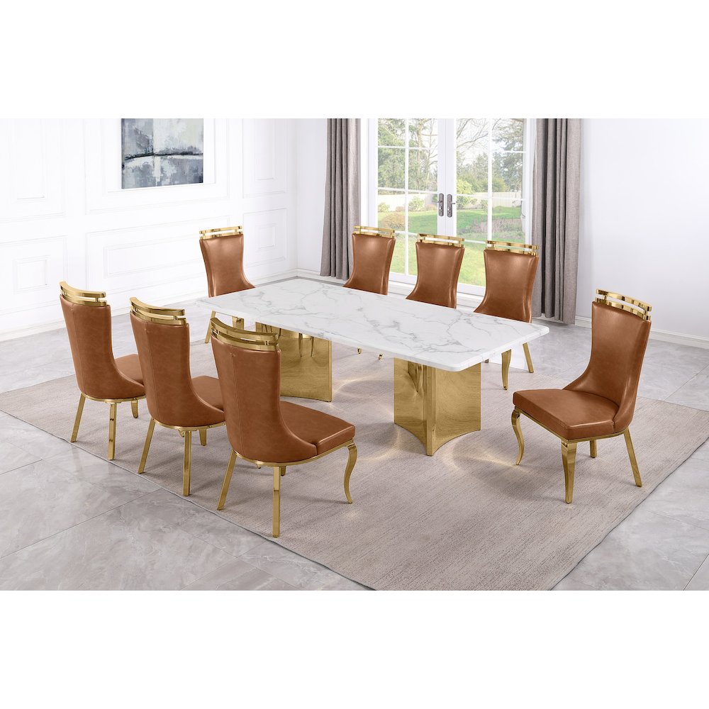 9pc Rectangular White Marble Top with Toffee Boucle Fabric Chairs Gold Base