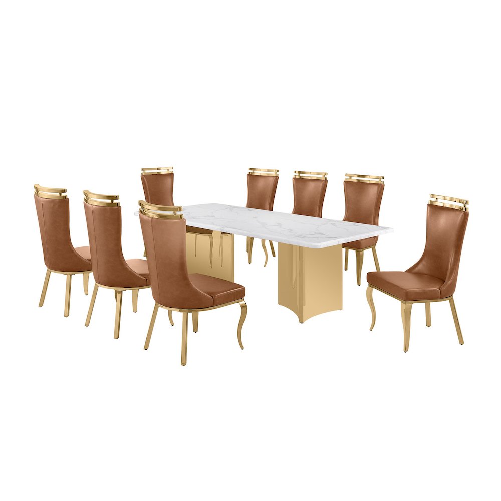 9pc Rectangular White Marble Top with Toffee Boucle Fabric Chairs Gold Base