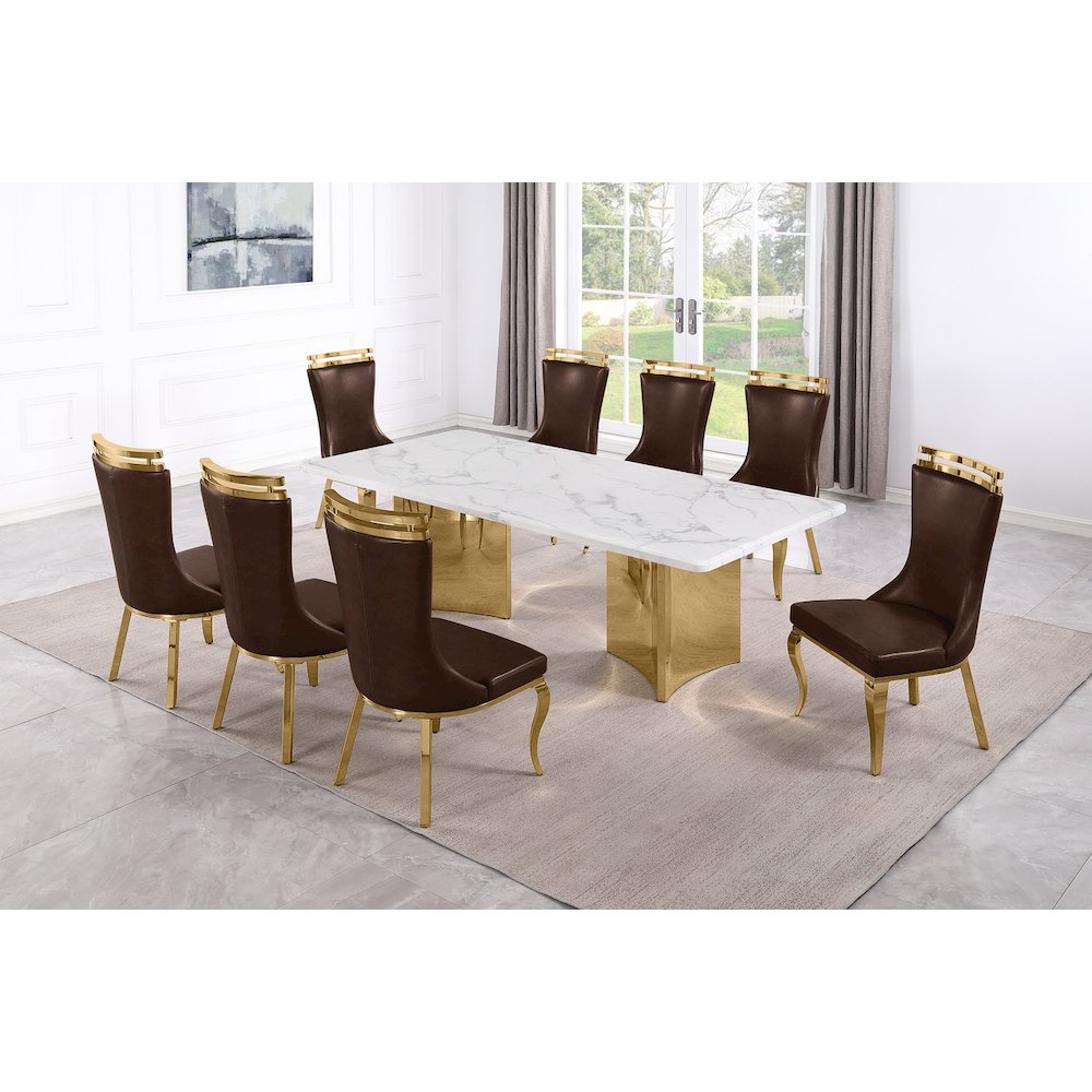 9pc Rectangular White Marble Top with Espresso Boucle Fabric Chairs Gold Base