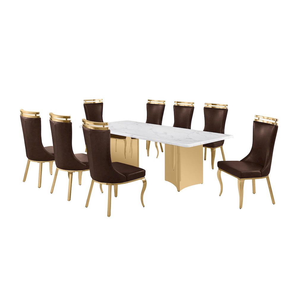 9pc Rectangular White Marble Top with Espresso Boucle Fabric Chairs Gold Base