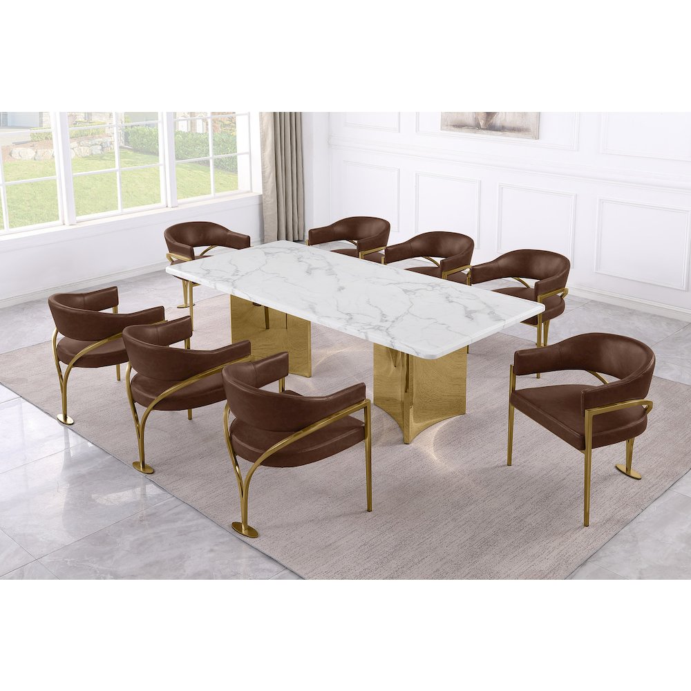 9pc 38mm Marble Top Dining Set Mocha Chiars Gold Base