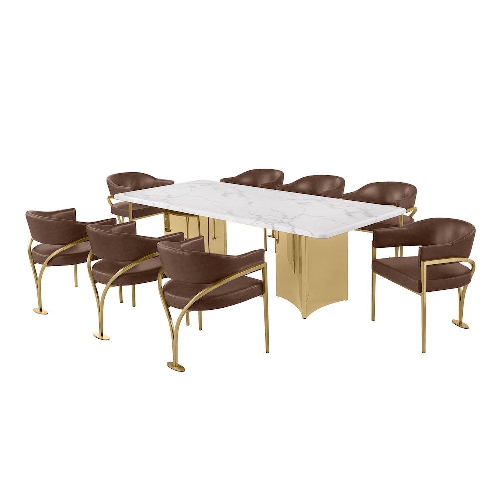 9pc 38mm Marble Top Dining Set Mocha Chiars Gold Base