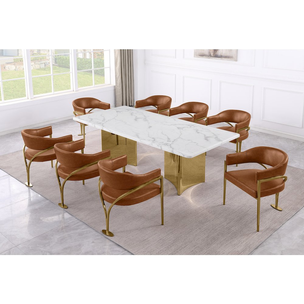 9pc 38mm Marble Top Dining Set Toffee Chiars Gold Base