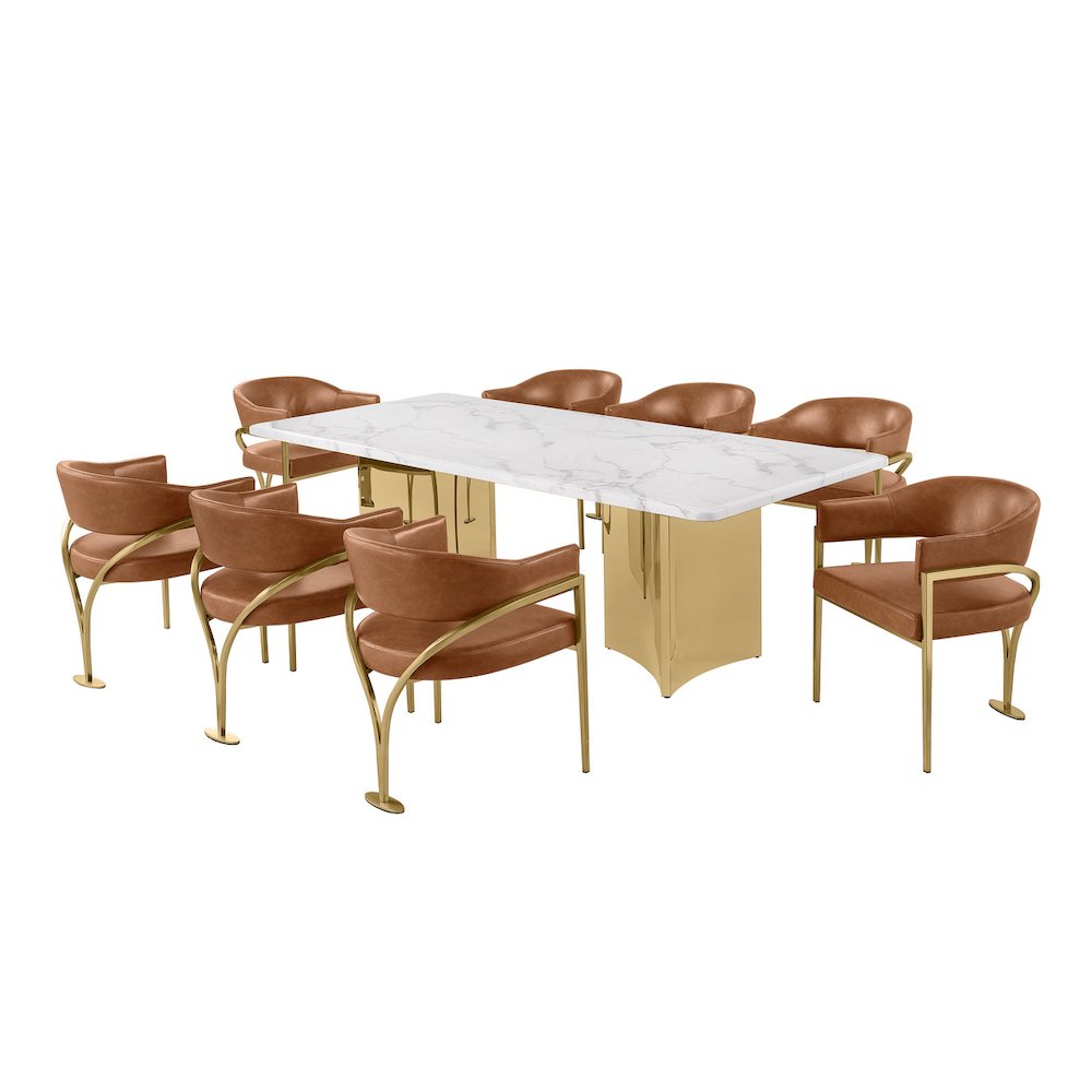 9pc 38mm Marble Top Dining Set Toffee Chiars Gold Base