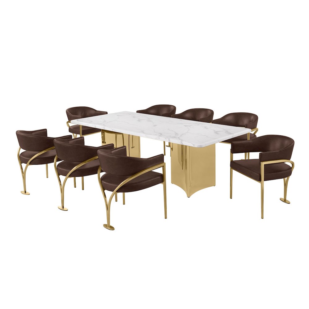 9pc 38mm Marble Top Dining Set Espresso Chiars Gold Base