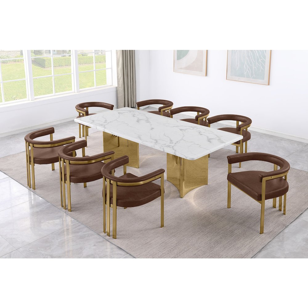 9pc 38mm Marble Top Dining Set Mocha Chiars Gold Base