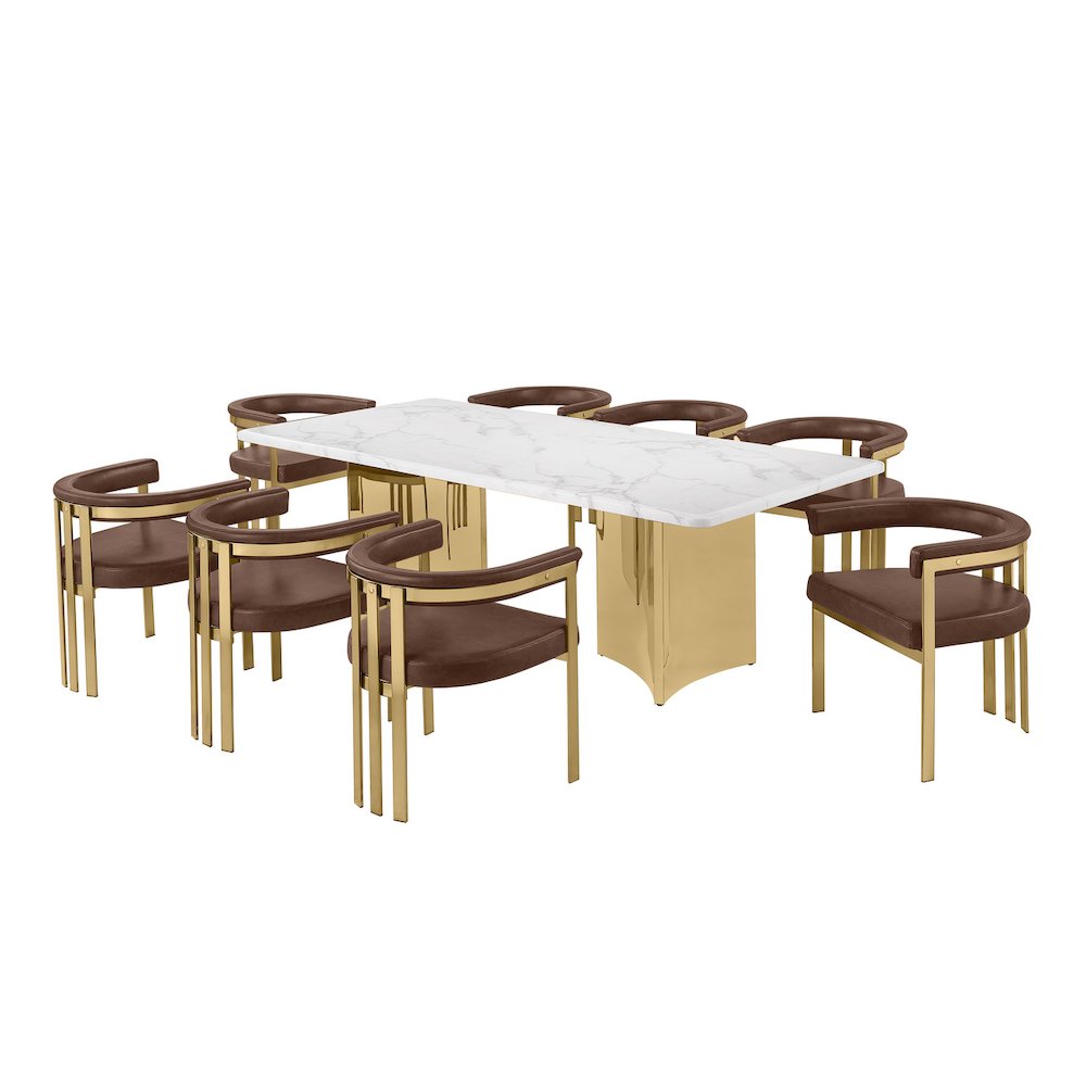 9pc 38mm Marble Top Dining Set Mocha Chiars Gold Base