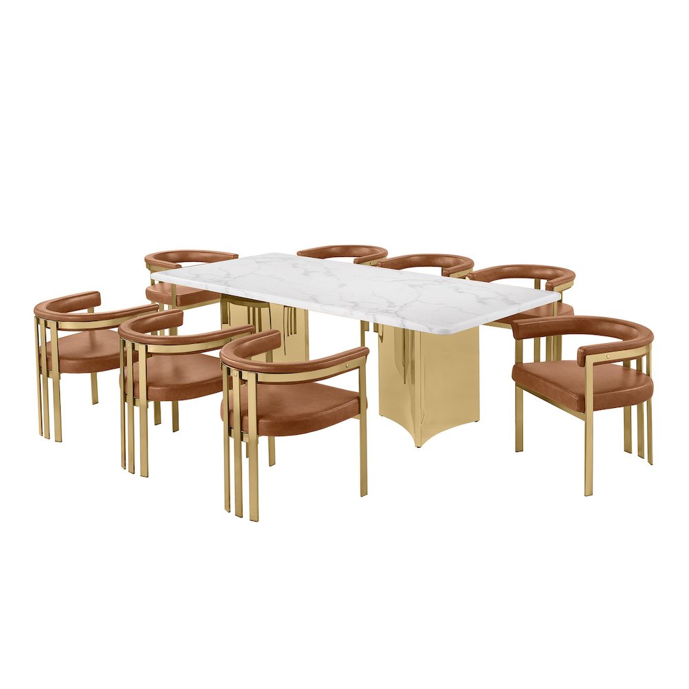9pc 38mm Marble Top Dining Set Toffee Chiars Gold Base