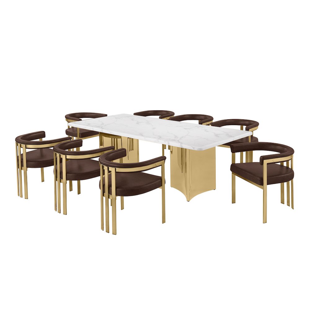 9pc 38mm Marble Top Dining Set Espresso Chiars Gold Base
