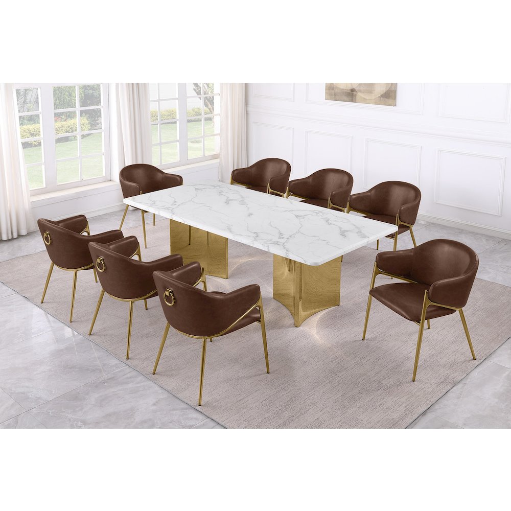 9pc Rectangular White Marble Top with 8 Mocha Boucle Fabric Chairs Gold Base