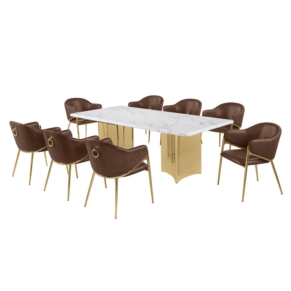 9pc Rectangular White Marble Top with 8 Mocha Boucle Fabric Chairs Gold Base