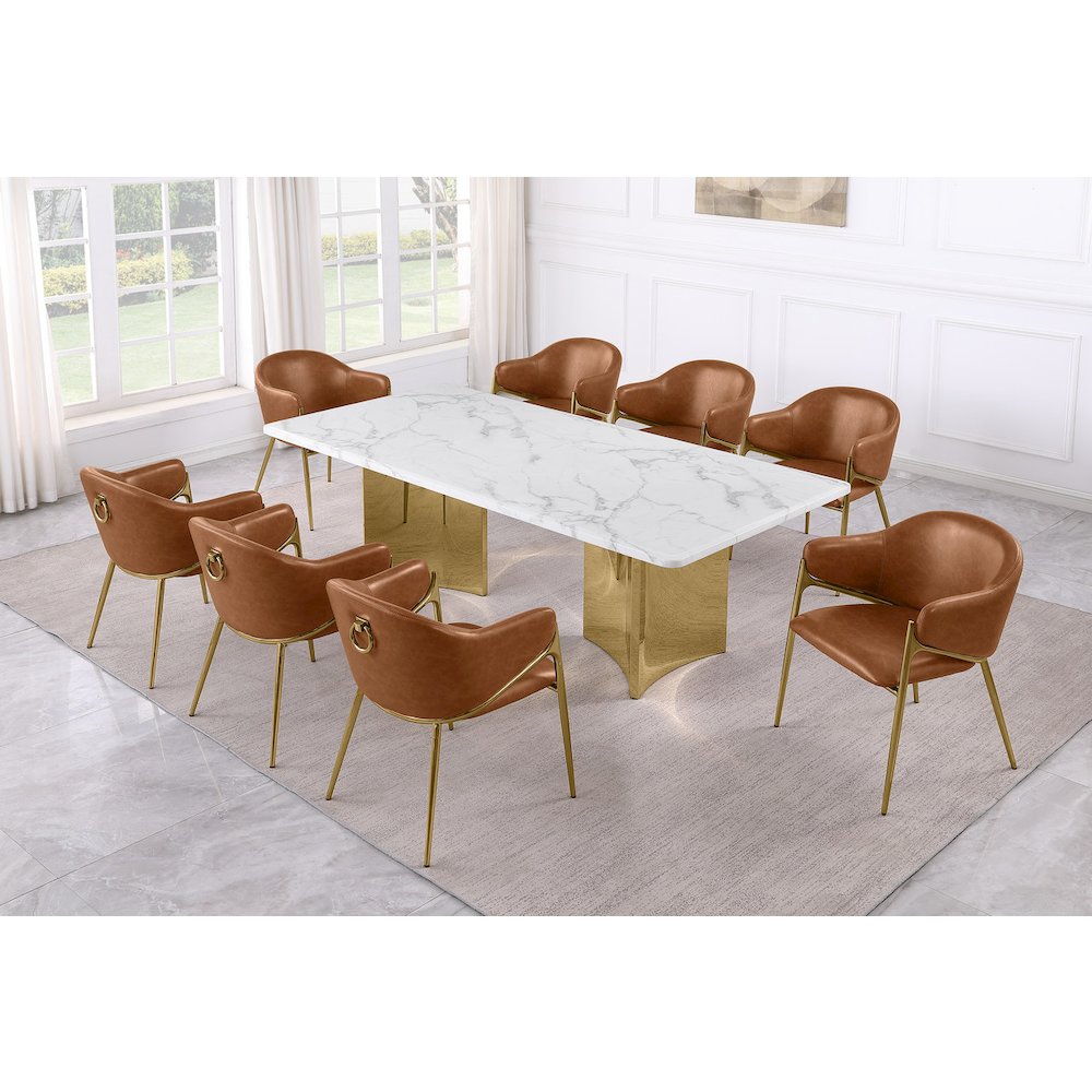 9pc Rectangular White Marble Top with Toffee Boucle Fabric Chairs Gold Base