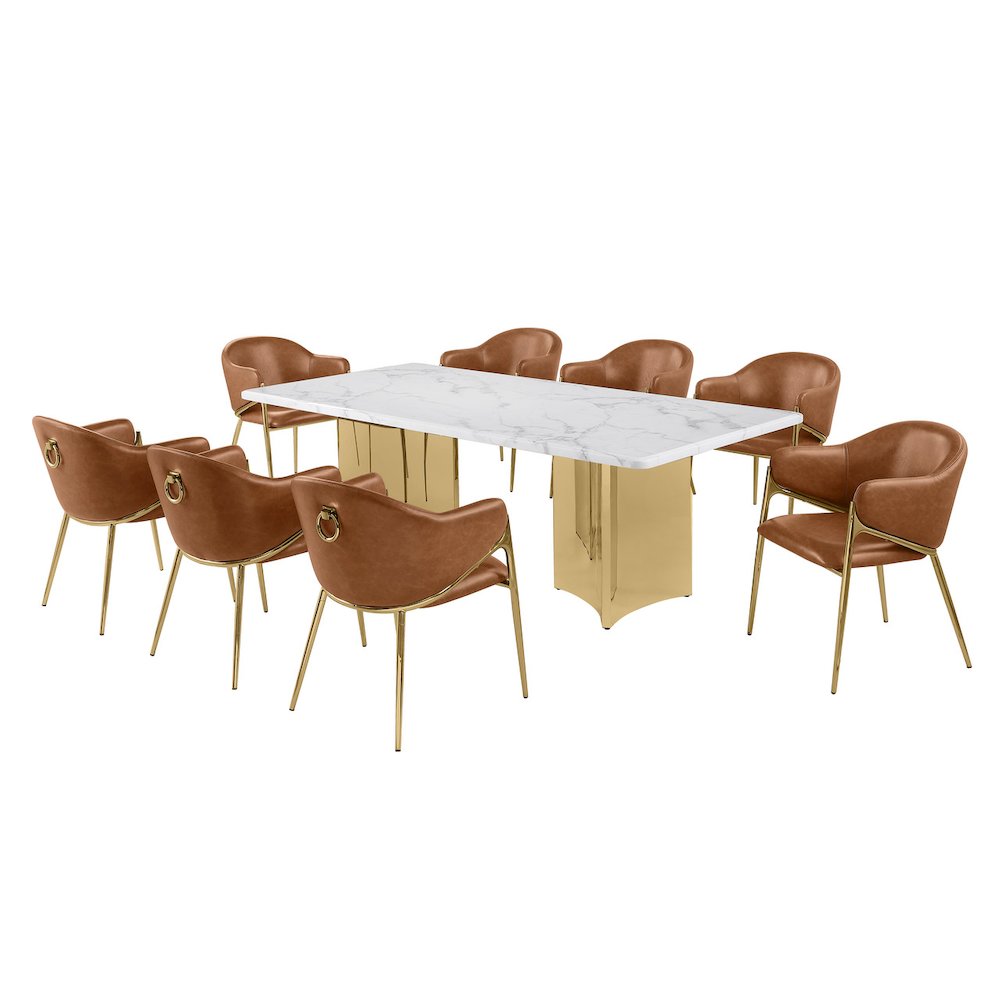 9pc Rectangular White Marble Top with Toffee Boucle Fabric Chairs Gold Base