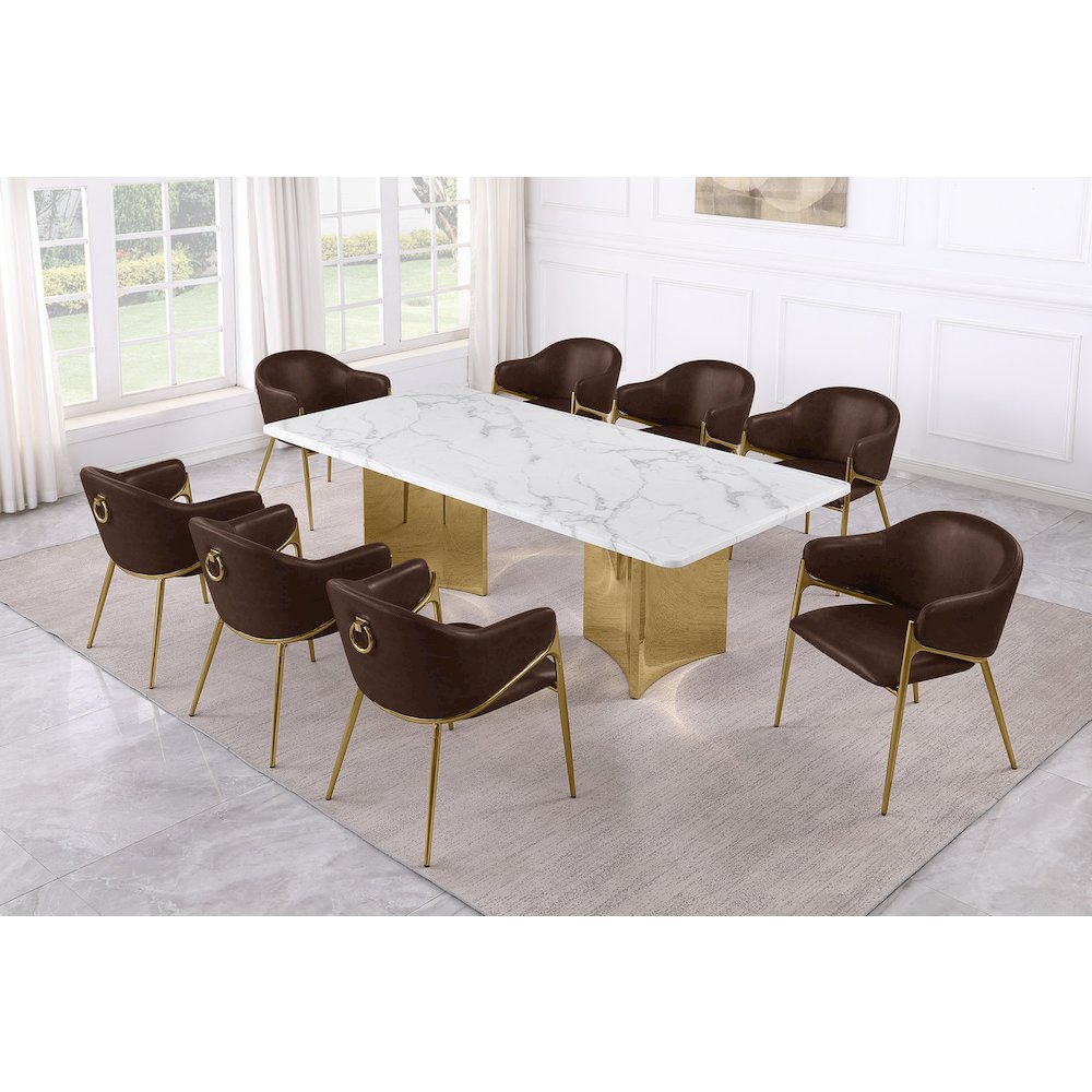 9pc Rectangular White Marble Top with Espresso Boucle Fabric Chairs Gold Base