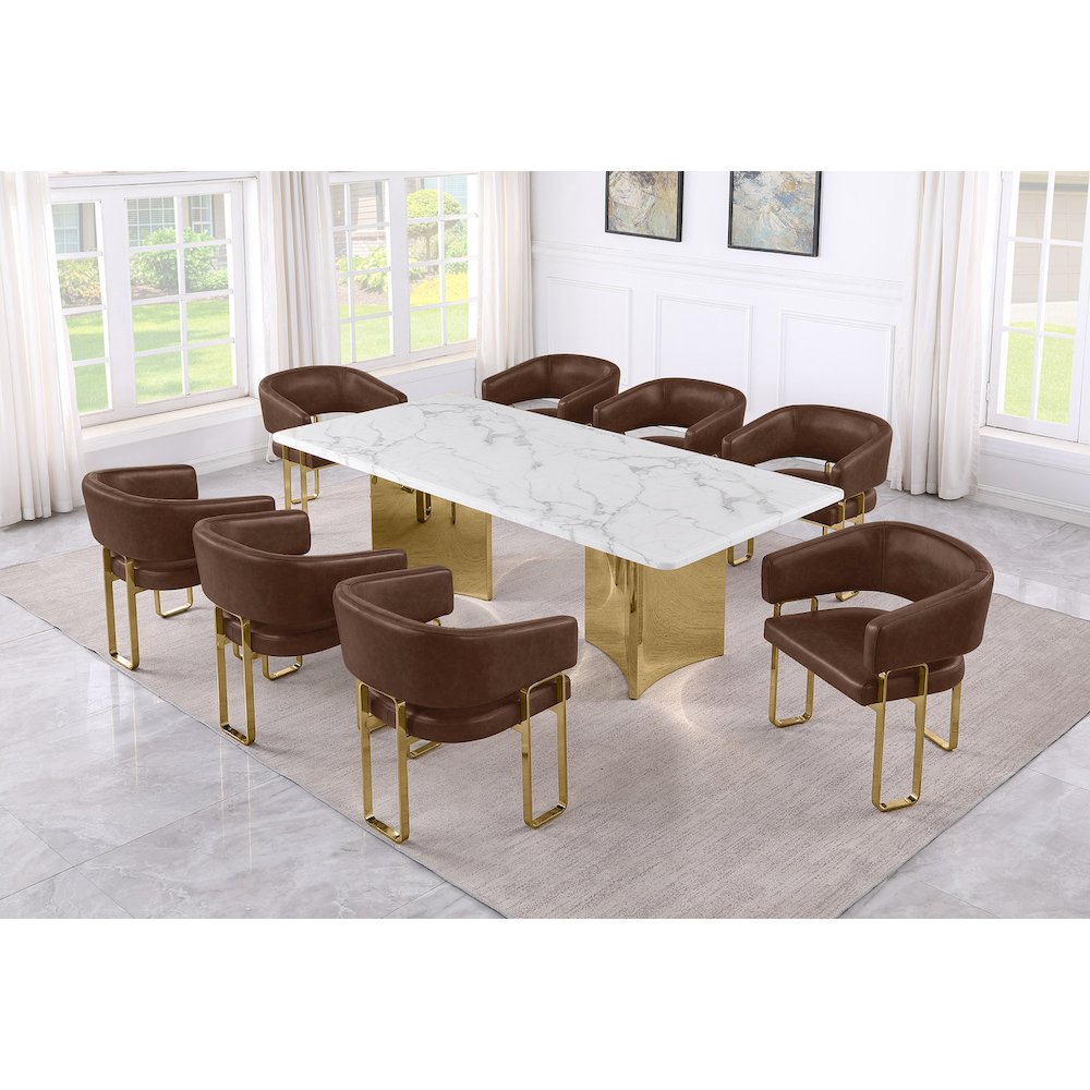 9pc Dining Table Set with White Marble Top with 8 Mocha Leathaire Fabric Chair