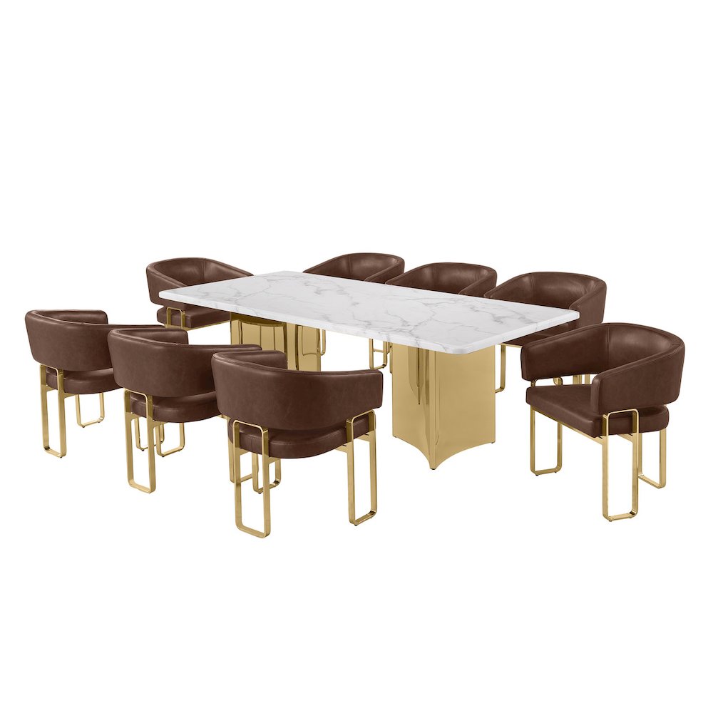 9pc Dining Table Set with White Marble Top with 8 Mocha Leathaire Fabric Chair