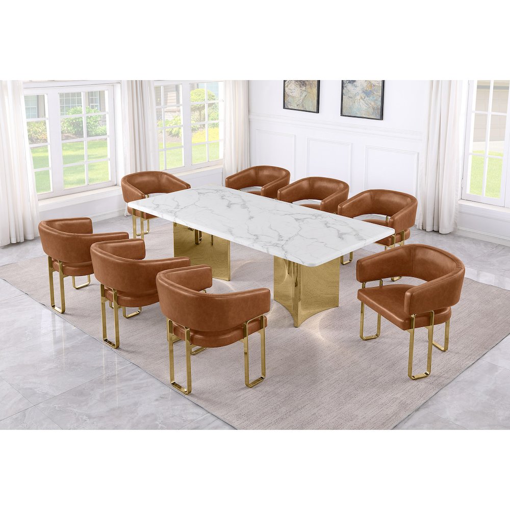 9pc Dining Table Set with White Marble Top with 8 Toffee Leathaire Fabric Chair